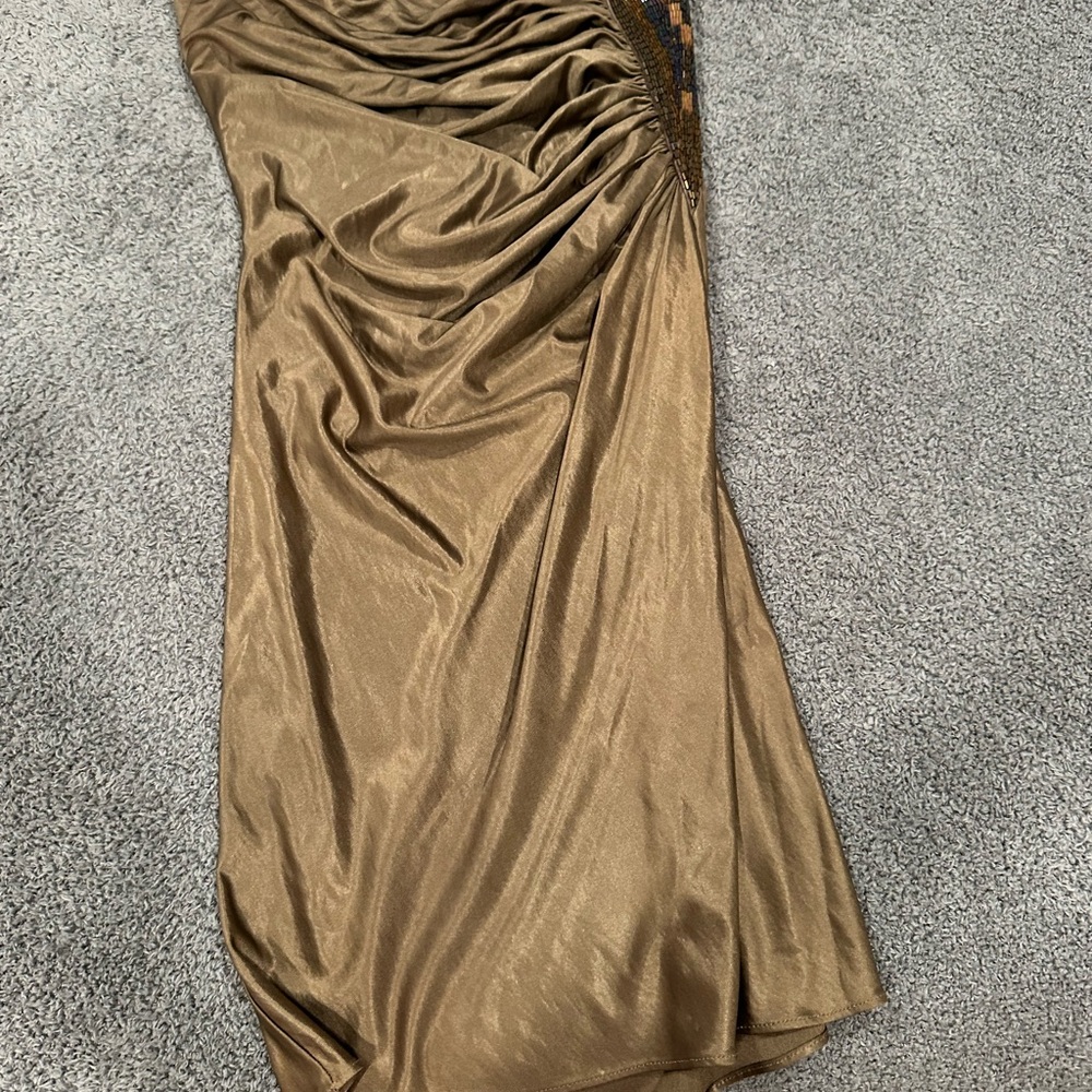 Sky Tan Gold Ruched Pencil Maxi Dress